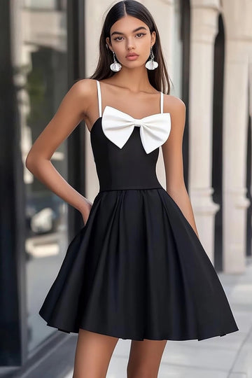 Black and White Satin Spaghetti Straps Short Graduation Dress with Bow